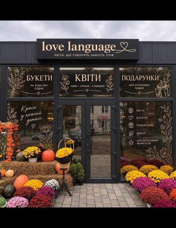 Вітрина квіткового магазину Love Language у Бурштині